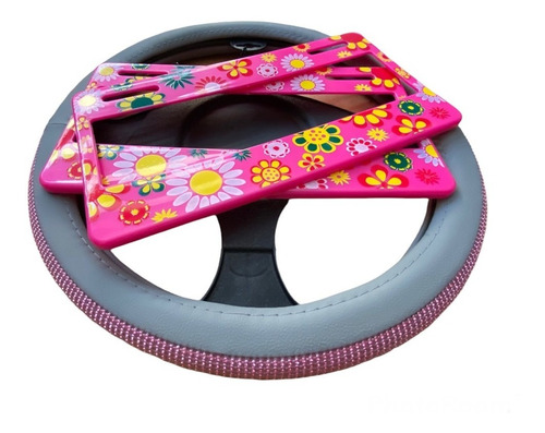 Juego De Funda Volante Y Par Portaplacas Rosa Auto Camioneta