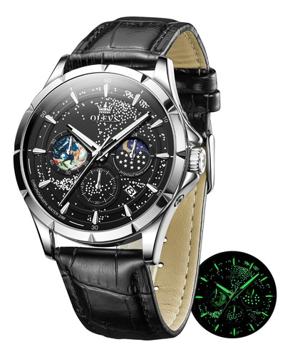 Olevs Relojes Para Hombre Negro Cielo Estrellado Fase Lunar 