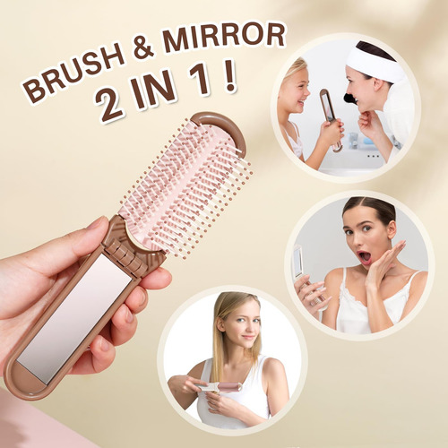 Rhos Cepillo Plegable Con Espejo Para Mujeres, Mini Cepillo