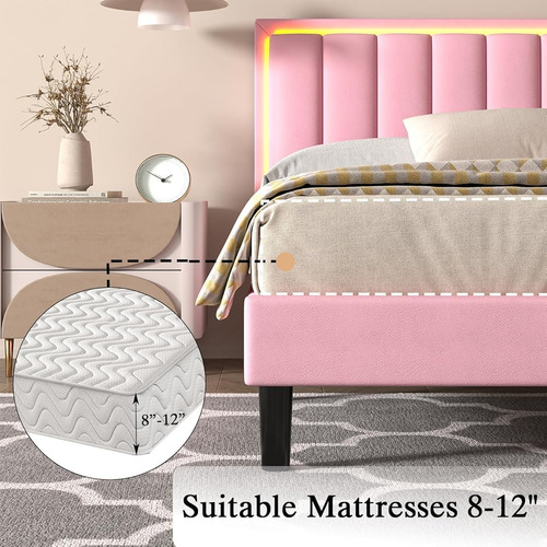 Bed Frame King Size Color Rosa C/cabecera Con Luz Led