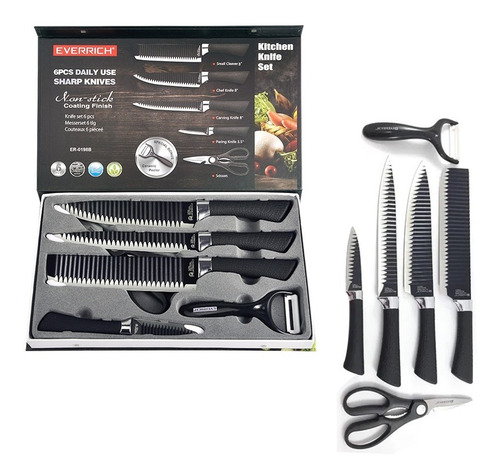 Juego Set De Cuchillos Elegante Para Cocina Chef 6 Piezas Color Cuchillos Everrich Negros