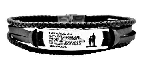 Imagen 1 de 10 de 3 Pulseras Acero Piel Negra Personalizada Láser M1101