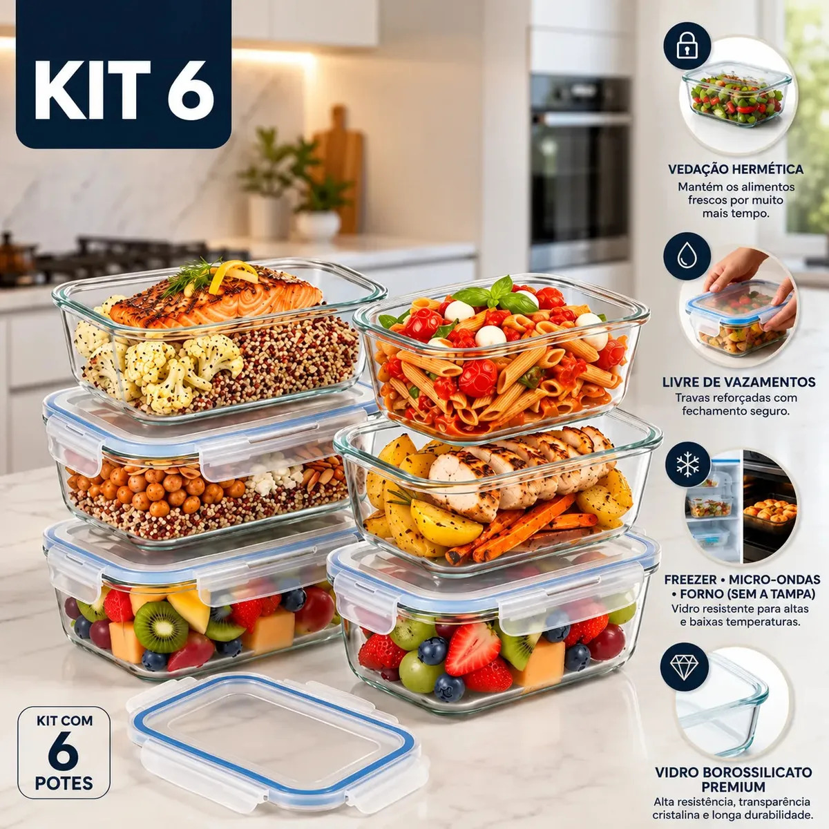 Kit 6 potes vidro 640ml p/ marmita, freezer, organização!