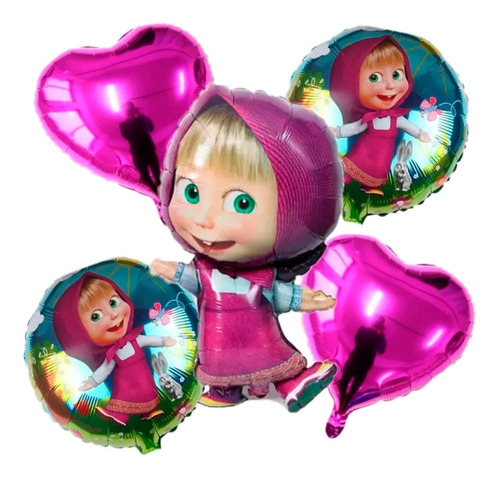 Set X5 Globos Metalizado Bouquet Personajes Fiesta Masha Oso