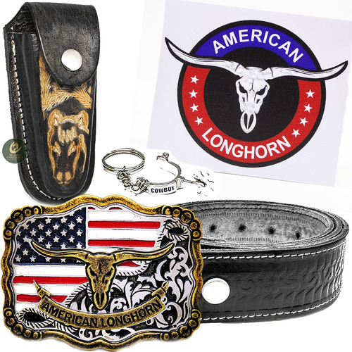 Cinto Couro Country Fivela American Longhorn Bainha Canivete