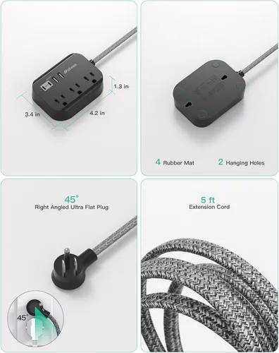 Multitoma Extensión, 3xca + 2xusb-a + 2xusb-c, 153cm, Negro