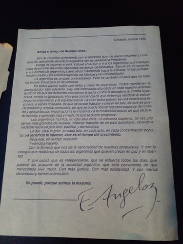 Boleta Electoral 1989 Unión Cívica Radical C/ Carta Angeloz (Usado)