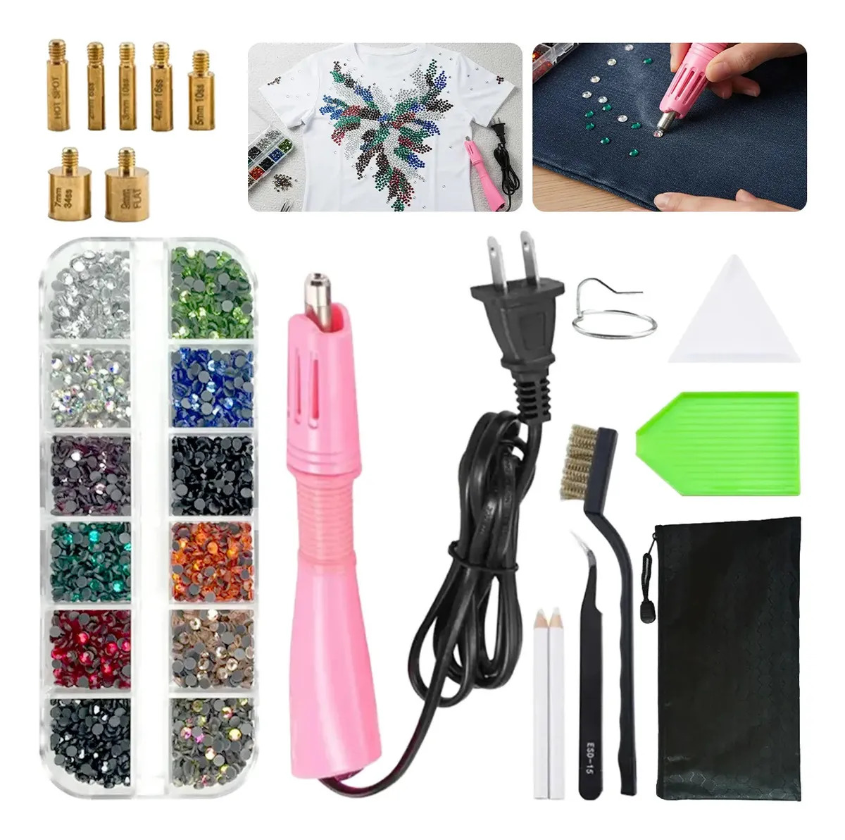 CHRONIXEL Kit Aplicador Hotfix Pedreria decorativas Para Uñas Bisuteria Ropa+2160 Cristal