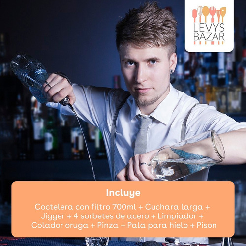Imagen 4 de 10 de Set Kit Bartender Barman Completo Coctelera Trago Acero Inox