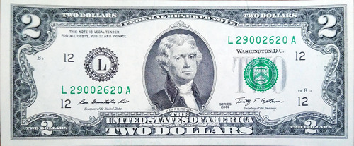 Billete Estados Unidos 2 Dolares Jefferson Serie 2009, Au