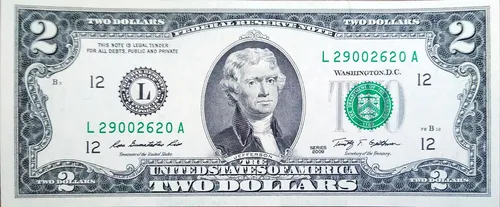 Billete Estados Unidos 2 Dolares Jefferson Serie 2009, Au (Usado)