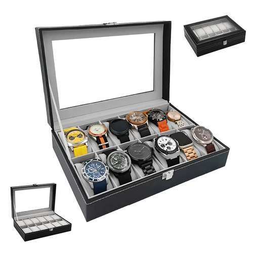 Estuche Alhajero Organizador De Relojes Y Joyas 12 Espacios Elegante, Con Almohadillas De Terciopelo, Piel Negro-Gris