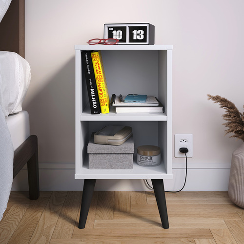 Kit 2 Criados Mudo P/ Quarto Compacto C/ Prateleira Pés Retrô - Branco