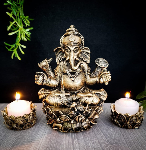 Imagem 3 de 5 de Ganesha Hindu Deus Da Sorte + 2 Incensários Flor De Lótus