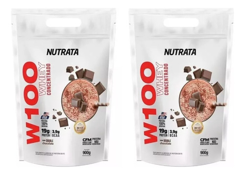 Kit 2x Whey 100% W100 - Refil 900g - Nutrata Sabor Chocolate