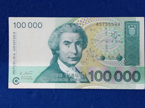Imagen 1 de 2 de Croacia 100000 Dinara 1991 * Ruder Boskovic *