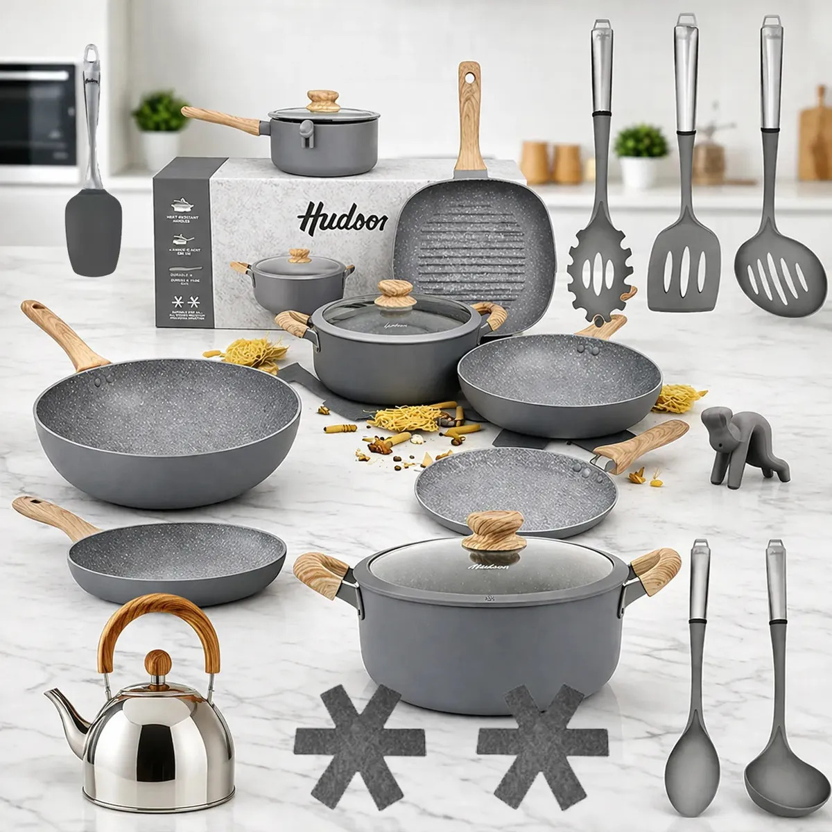 Bateria Hudsón Ollas Sartén Wok Bifera Panq Jarro Utensillos Granito