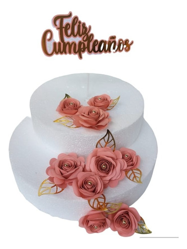 Kit Cake Topper 9 Flores Para Torta +cartel Feliz Cumpleaños