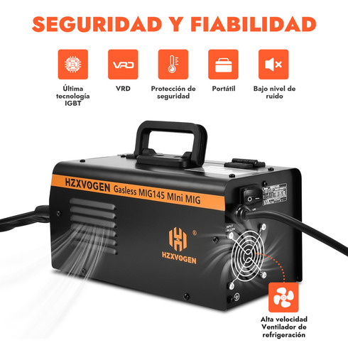 Soldadora inverter Mig sin gas 145A 50/60HZ 60% ciclo de trabaj Herro acero al carbono 1KG