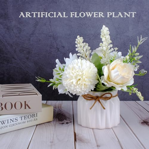 Flores Artificiales Blancas En Maceta, Pequeño Jarrón De Cer