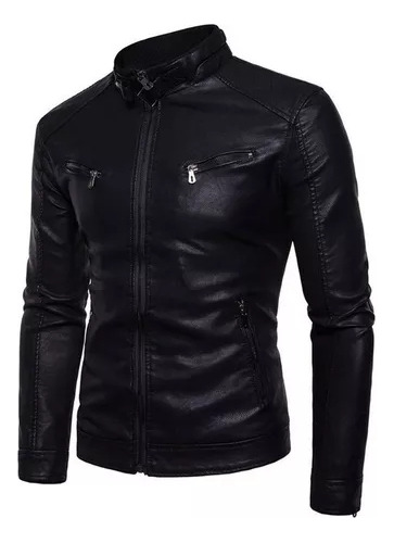 Chaqueta De Piel Para Moto Con Cuello Alto Para Hombre