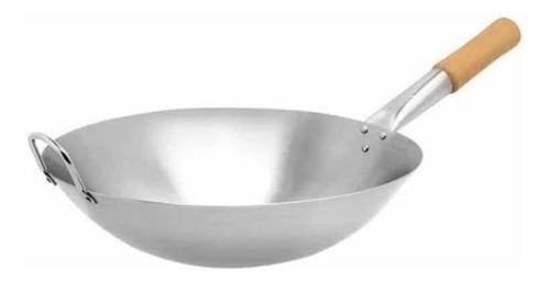 3 Sarten Wok Chino 36 Cm Acero Inoxidable Mango De Madera Color Plateado
