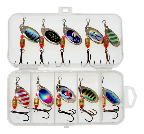 Pack 10 Cucharillas N2 Señuelos Pesca Cuchara Spinner + Caja