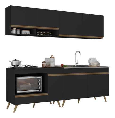 Cozinha Modulada Compacta 4 Peças Veneza Multimóveis Mp2264 Cor Preto/dourado