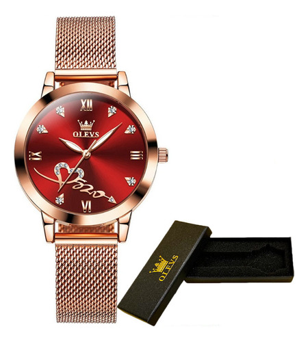 Reloj Olevs Con Cinturón De Malla Y Diamantes Luminosos Para Color Del Fondo Rojo