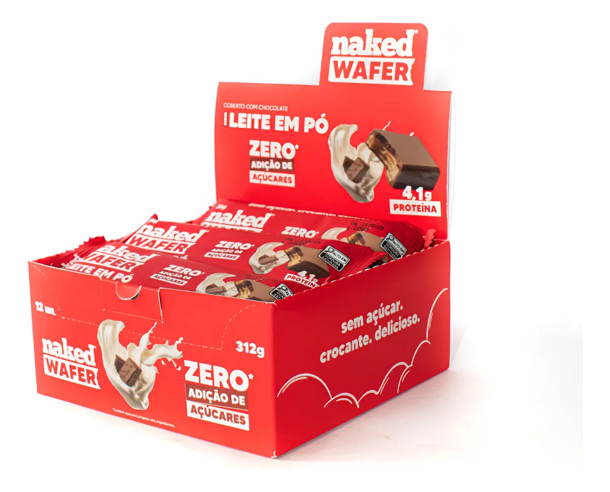 Pack 12 Unidades Barra de Proteína com Whey Protein Naked Wafer Chocolate ao Leite Zero Açúcar Naked Nuts