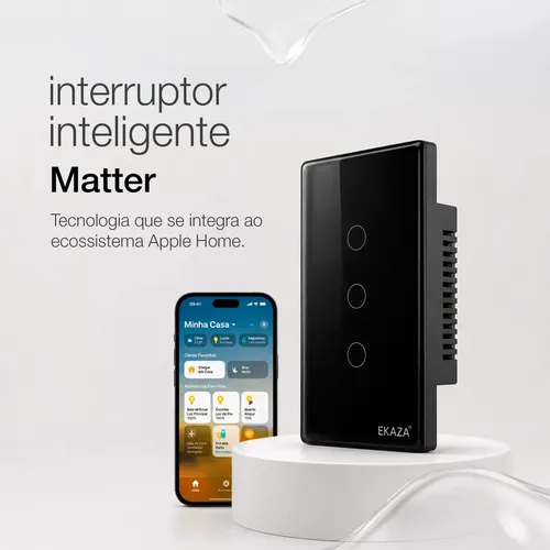 Interruptor Inteligente Matter Compativel Com iPhone Siri Wi-fi 2.4 Ghz Alexa Google Tuya 3 Botões 4x2 Bivolt Preto Ekaza
