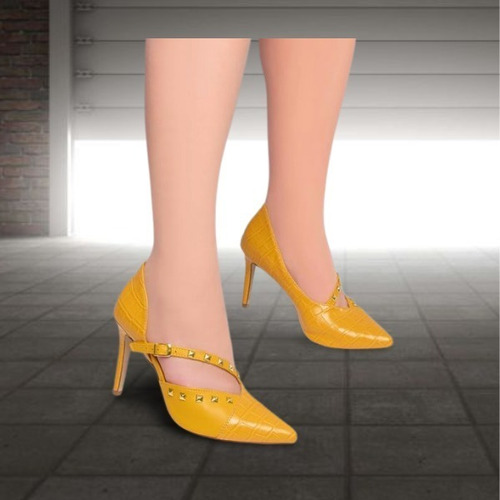 Imagem 4 de 4 de Sapato Scarpin Amarelo Salto Alto Fino Fechado Confortável
