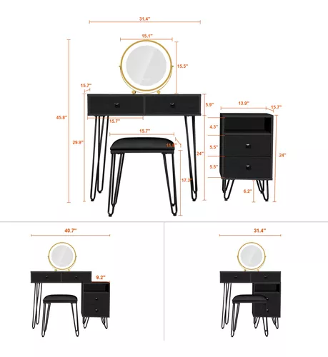  Espejo de tocador de maquillaje con luces, juego de mesa de  tocador con luces de control táctil de 3 colores, escritorio de tocador con  espejo y taburete acolchado y estantes de