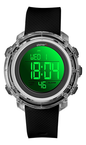 Reloj Digital Transparente Luminoso Para Dama 44mm Steiner Correa Negro Bisel Negro Fondo Blanco