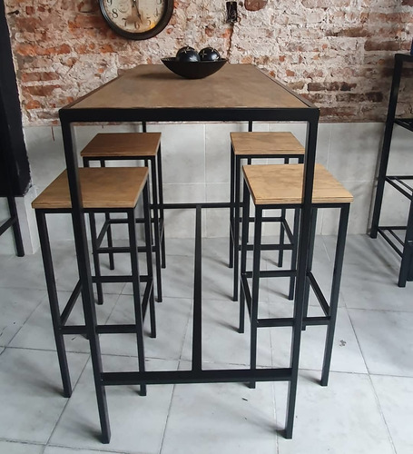 Imagen 5 de 5 de Mesa Barra Bar Hierro Madera 120x60 + 4 Taburetes Cerveza
