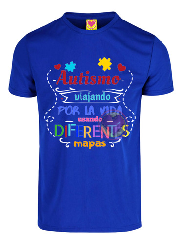Playera Autismo Viajando Vida Diferentes Mapas Azul Unisex
