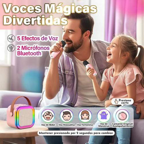 Mini Karaoke Con 2 Micrófonos, Bocina Bluetooth Y Luces Led Rosa