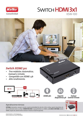 Switch Hdmi Kolke 3x1 C/control Remoto 3d 1.4a