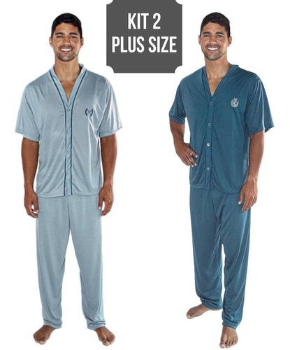 Kit 2 Pijama Plus Size Meia Manga Aberto Botão Calça Adulto