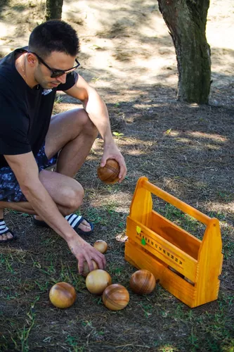 Jogo Bocha Praia Grama, Areia Saibro Caixa De Madeira 9 Bola