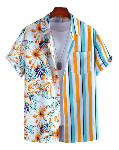 Camisa Shein De Rayas Con Estampado Tropical / De Hombre