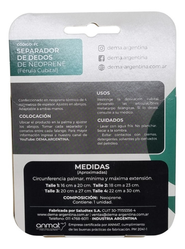 Férula Cubital Dedos Mano Garra Palma Neoprene Talle Eg