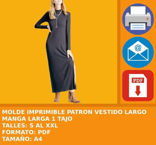 Molde Imprimible Patron Vestido Largo Manga Larga 1 Tajo 2x1