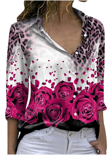 Camiseta Estampada De Manga Large For Mujer Con Bot Ó N