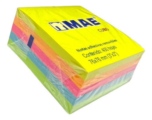Cubo Notas Adhesivas 7.6x7.6cm Mae Neon Mix 3x3in 400 Hojas