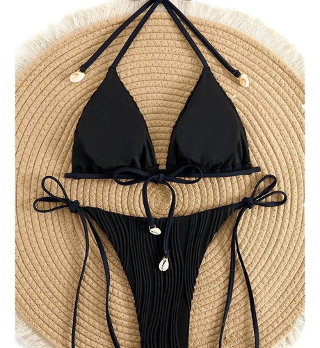 Conjunto De Bikini De Concha De Color Liso Con Diseño De Cue