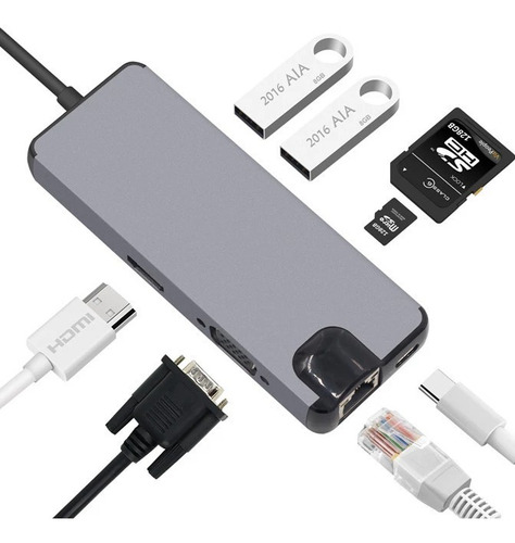 Adaptador Hub Usb C Macbook Hdmi + Vga + Sd + Pro 8 En 1 Air