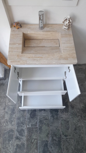 Vanitory Laqueado 60 Cm Cm Marmol Travertino Desague Oculto Blanco Beige Tres Agujeros