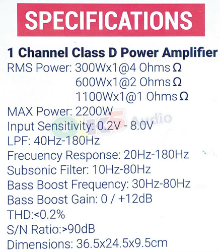 Imagen 5 de 8 de Amplificador Monoblock Clase D Para Bajos 1 Canal De 1100 Watts Rms A 1 Ohm, 2200 Watts Maximos Rockseries Rks-p1100.1d