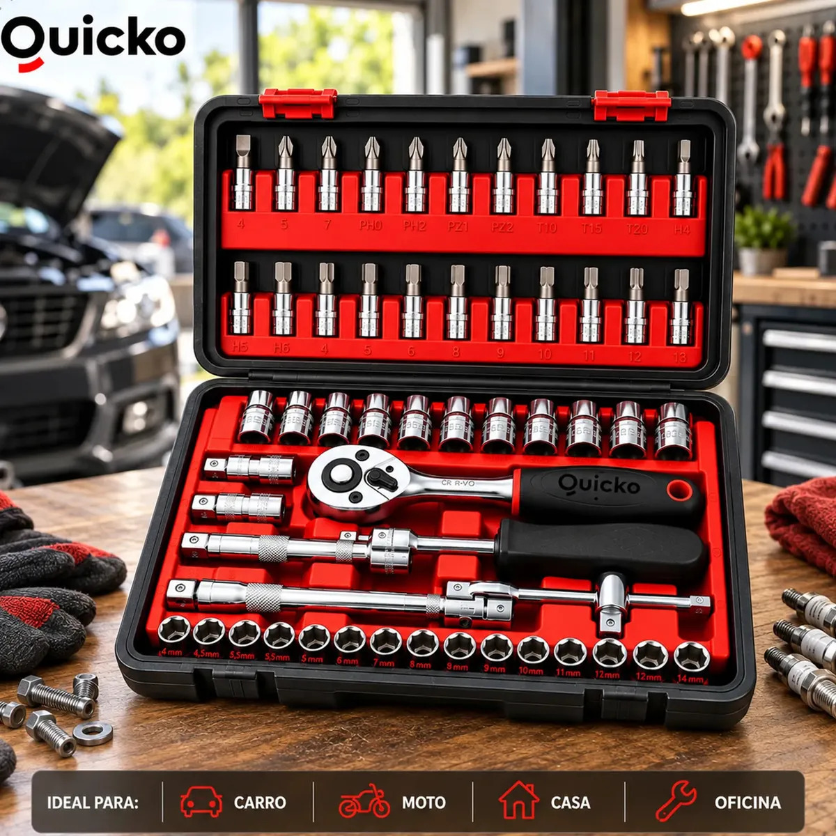 Kit Ferramentas 46 Peças Jogo Chaves Catraca Soquetes Allen Torx Fenda Phillips Maleta Completa Manual Mecânico Manutenção Casa Carro Oficina Profissional ajustes e reparos diversos montagens Quicko
